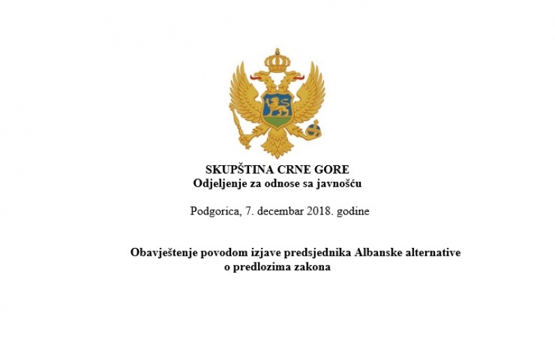 Obavještenje povodom izjave predsjednika Albanske alternative o predlozima zakona